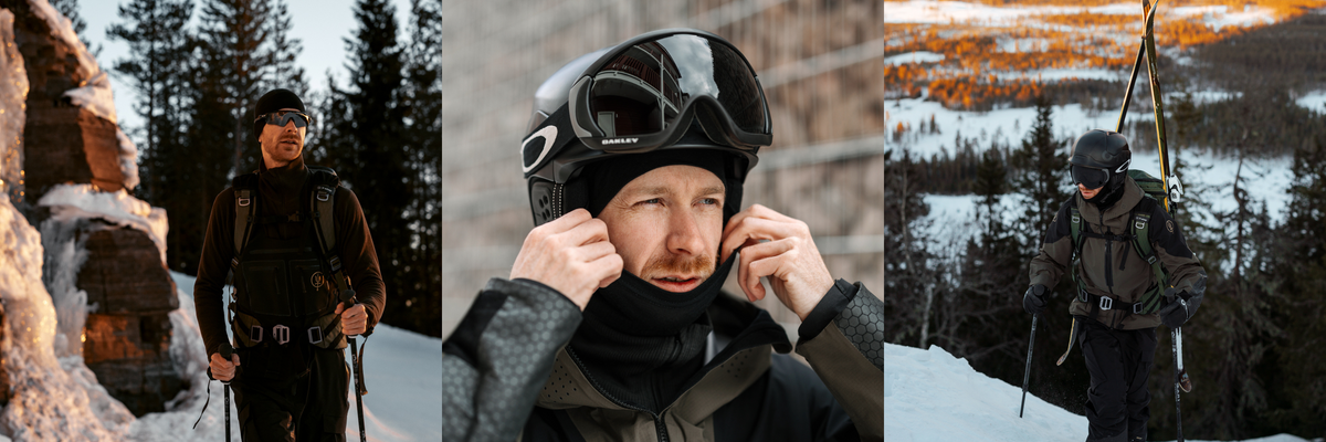 Skiers wearing LOOW merino layers in the mountains